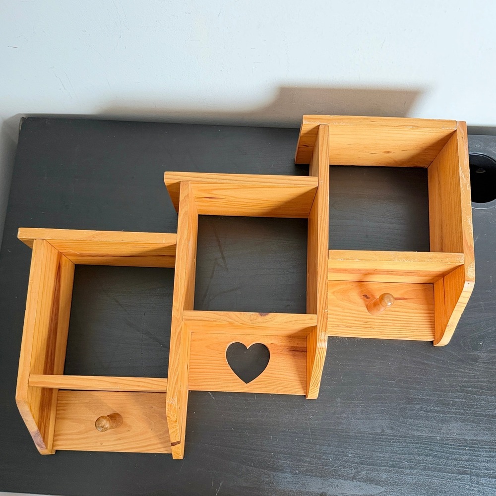 Vtg Pine Staggered Wall Shadow Box Shelf Heart Cutout 3 Tier Rustic Farmhouse